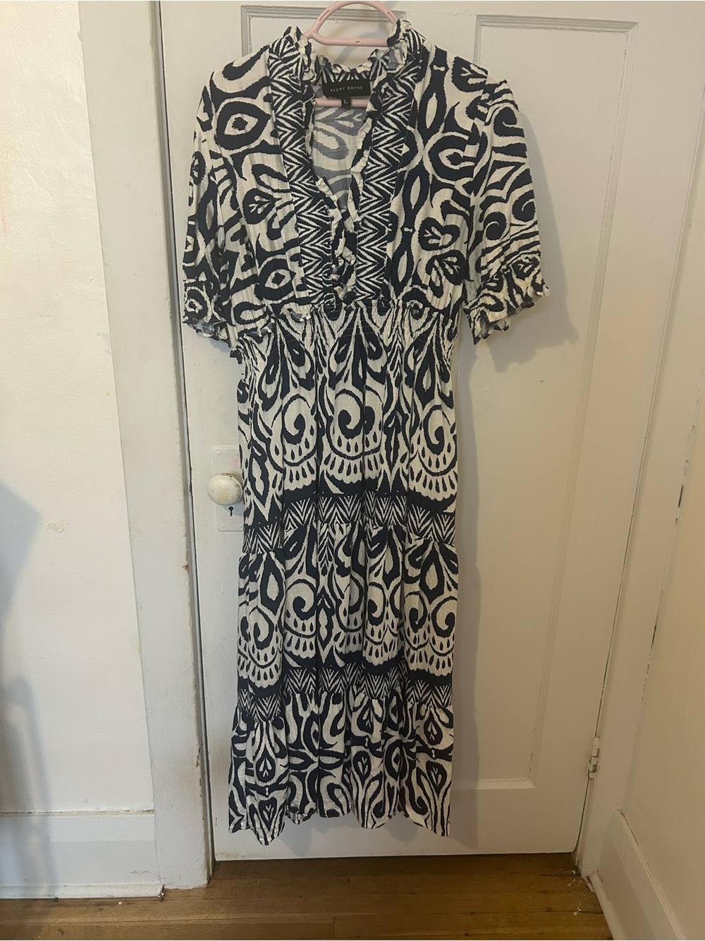 Navy & White Patterned Midi Dress - Relaxed V-Neck Style.